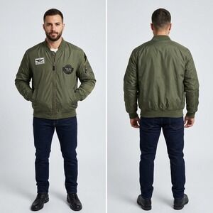 Yoki Mens Medium Olive Green Bomber Flight‎ Jacket Military Patches Outerwear